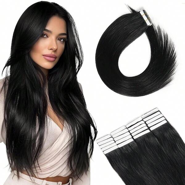 Tape In Hair Extensions Human Hair #1B Natural Black Tapes In Extensions Real Human Hair Extensions Tape In Black Hair Extensions Silky Straight 50g 20pcs