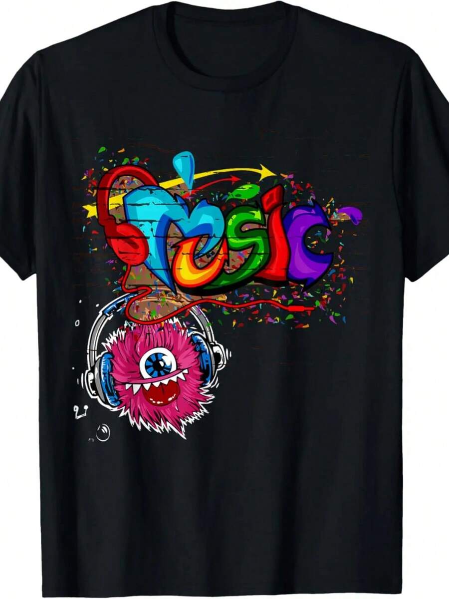 Music Graffiti Old School Hip Colorful Graphic T-Shirt - 黑色 - 查看 1