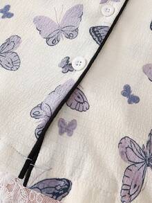 2 件套女童柔软舒适家居服，优雅蝴蝶印花，日常休闲装，秋冬 - 紫色 - 查看 6