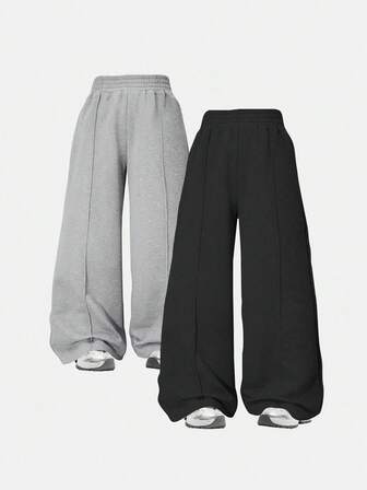 2pcs/Set Toddler Girls' Streetwear Style Solid Color Loose Straight Leg Casual Pants