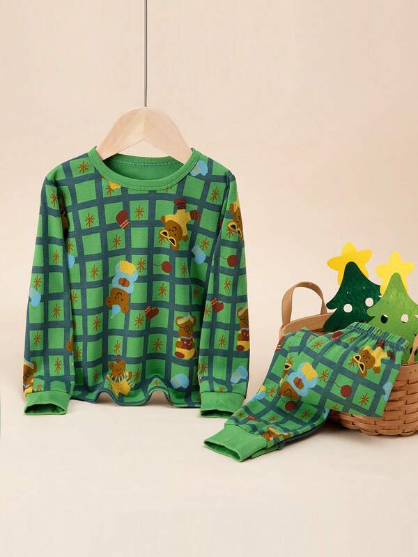 2pcs/Set Young Boys Chequer And Bear Print Pjs, Round Neck Long Sleeve Top And Pants Sleepwear Set, Cartoon Allover Print Loungewear For Winter & Autumn
