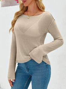 Womens Boat Neck Knit Pullover Sweaters Lightweight Sheer Long Sleeve Casual Tops - Màu Khaki - Xem 3
