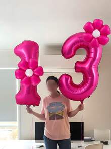 40 英寸巨型粉色气球，带有 0-9 数字和勃艮第向日葵 - 由聚酯薄膜铝箔制成，这些充满氦气的闪亮粉色气球非常适合生日派对、庆典、毕业典礼、周年纪念、淋浴和拍照。 - 玫紅色數字搭配花花氣球 - 查看 7