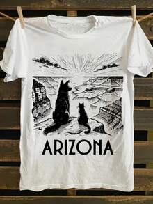 Women's T-shirt, printed with "Arizona Dog and Cat" print, casual round neck, 180g pure cotton white T-shirt, slightly elastic, autumn women's T-shirt short sleeved, regular style, holiday carnival gift giving - Blanco - Ver 1
