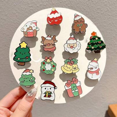 Juego de 13 broches navideños, lindos dibujos animados de metal de Papá Noel, árbol de Navidad, serie navideña de pasadores de insignia de gota de aceite DIY, decoraciones navideñas