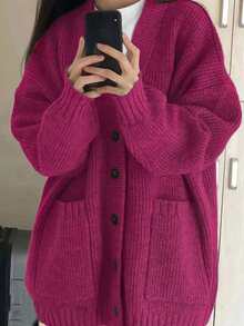 Alicedudu 女式秋冬宽松简约纽扣大口袋开衫 - 玫紅色 - 查看 3