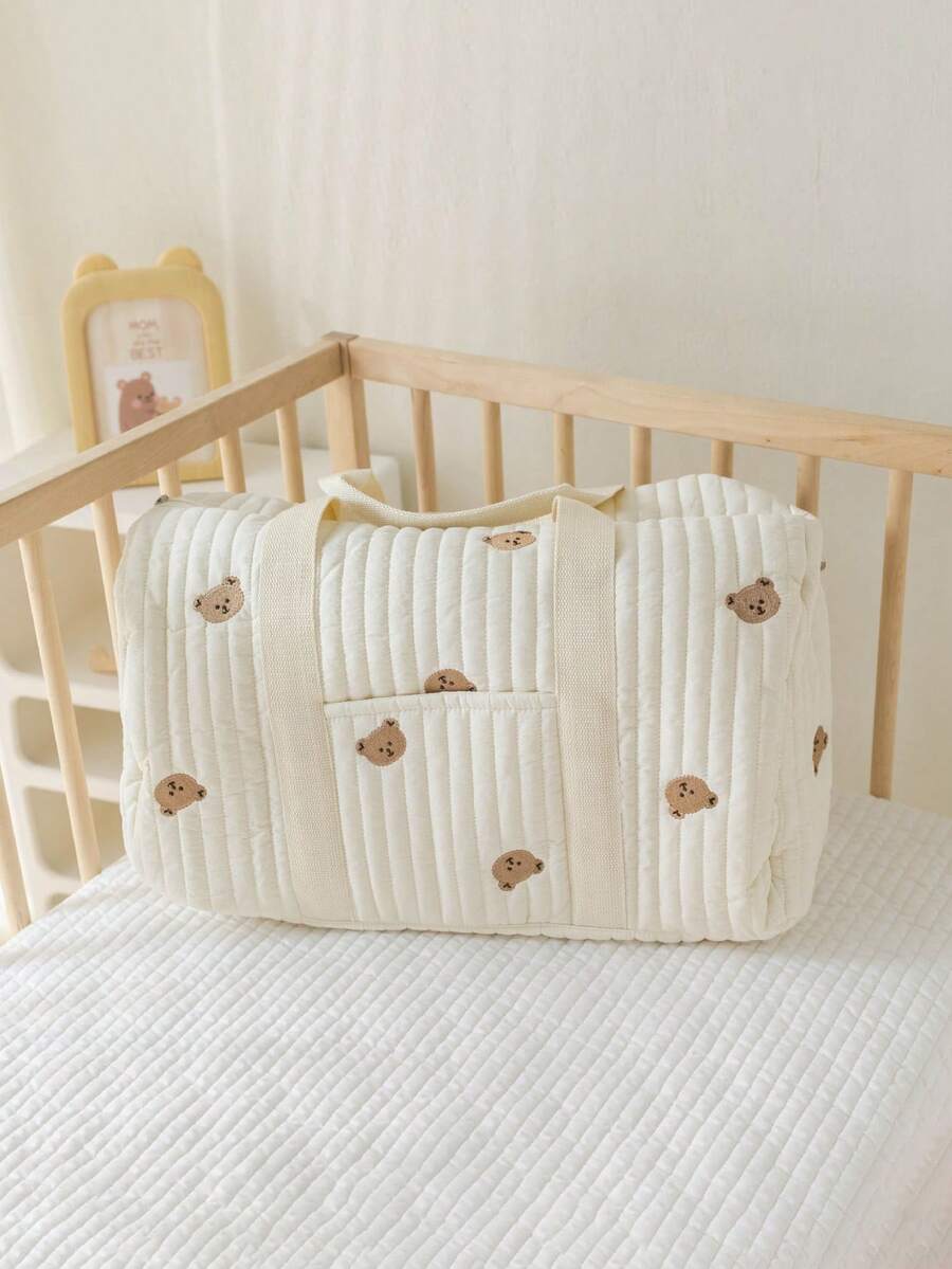 1 pieza/Set Bolso pañalero de gran capacidad, adecuado para recién nacidos y papás; diseño de múltiples bolsillos con compartimentos funcionales para organizar los artículos esenciales del bebé; apertura con solapa con cremallera superior para un fácil acceso; adornado con un parche decorativo de oso lindo para diversión