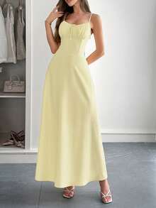 PoPoHouse 女士长裙，优雅性感波西米亚风沙滩度假黄色派对吊带裙，情人节女装，春夏女装 - 黃色 - 查看 8