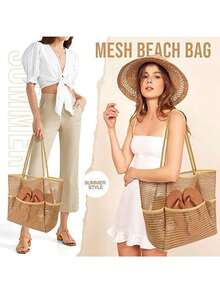 1pc Waterproof Mesh Travel Beach Bag, Multi-Pocket Portable Swim Pool Clothes Organizer Tote - Multicolor - View 3