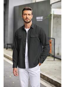 Mens Casual Button Down Shirts Long Sleeve Wrinkle-Free Shirt Lightweight Shirt Jacket - 深灰色 - 查看 2