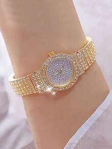 1款时尚奢华全水晶水钻圆形表盘女士石英表，多功能钢表带，适合节日、派对、婚礼、返校季、圣诞节、感恩节、万圣节、复活节等场合作为礼物 - 金色 - 查看 6