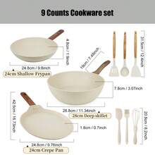 ABKOK ABKOK 9-Piece White Cookware Set- 24/28cm Frying Pan + Pizza Pan + Silicone Tools - Multi-Layer Base For All Stoves (Induction/Gas Compatible)
