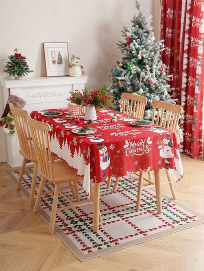1pc Christmas Print Tablecloth With Embossed Edges, Decorative Dining Table Cover For Holiday Decor