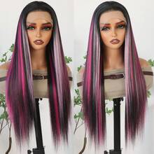 13X4 Pink & Brown Lace Front Wigs Pre Plucked Soft Free Part Long Straight Wigs Glueless Pink Skunk Stripe Wig Wear And Go Wig Heat Resistant Fiber Hair Synthetic Lace Front Wigs For Fashion Women For Daily Christmas Party Cosplay Use - 挑染粉色 - 查看 4