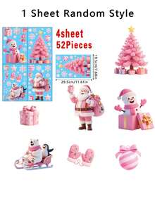 52 Stück - Rosa Weihnachts Fensteraufkleber, rosa Schneeflocken, Weihnachtsmann und Weihnachtsbaum Design, Weihnachtsmann, Schneemann Aufkleber - Schneeflocken, Bäume, Geschenke, dekorative Glastür Aufkleber - doppelseitiger Klebstoff-freier wiederverwendbarer Weihnachts Fensteraufkleber für Feiertags Dekorationen ohne Strom, federfreie Feiertags Dekorationen für Weihnachten und Neujahr, Heim, Büro und Party Dekorationen, Weihnachtsdekorationen - Pink - Übersicht 3