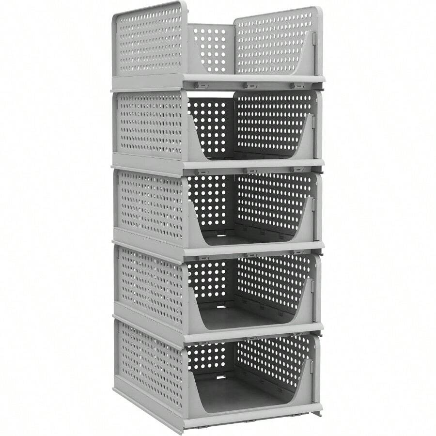 5 Pack Folding Closet Organizers Storage Box Stackable Plastic Drawer Basket For Clothing Stackable Storage Bins Shelf Storage Container For Closet Wardrobe Bedroom Bathroom Office Grey - Xám - Xem 1