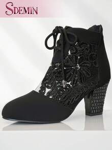 SDEMIN 初秋冬日常穿搭约会出行淑女气质碎花蕾丝踝靴后拉链方形高跟鞋圆头靴时尚尖头黑色网眼透气高跟鞋 - 黑色 - 查看 10