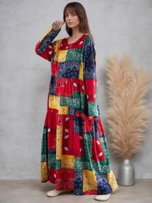 AZAH 上衣2025秋季新款圆领长袖褶皱宽松连衣裙女板裙波西米亚休闲度假沙滩裙打底裙一体裙秋季长裙 - 彩色 - 查看 9