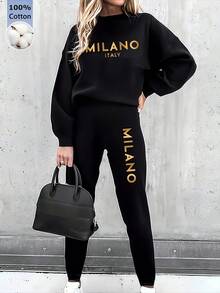 女款兩件式運動服，義大利米蘭城市標語圖案印花，100%棉質運動衫，有口袋套裝，秋冬裝寬鬆圓領運動衫和束腳休閒長褲，舒適 柔軟透氣長袖上衣，街頭服飾 學院風女裝，日常外出，居家休閒女裝 黑色套裝 - 黑色 - 查看 1