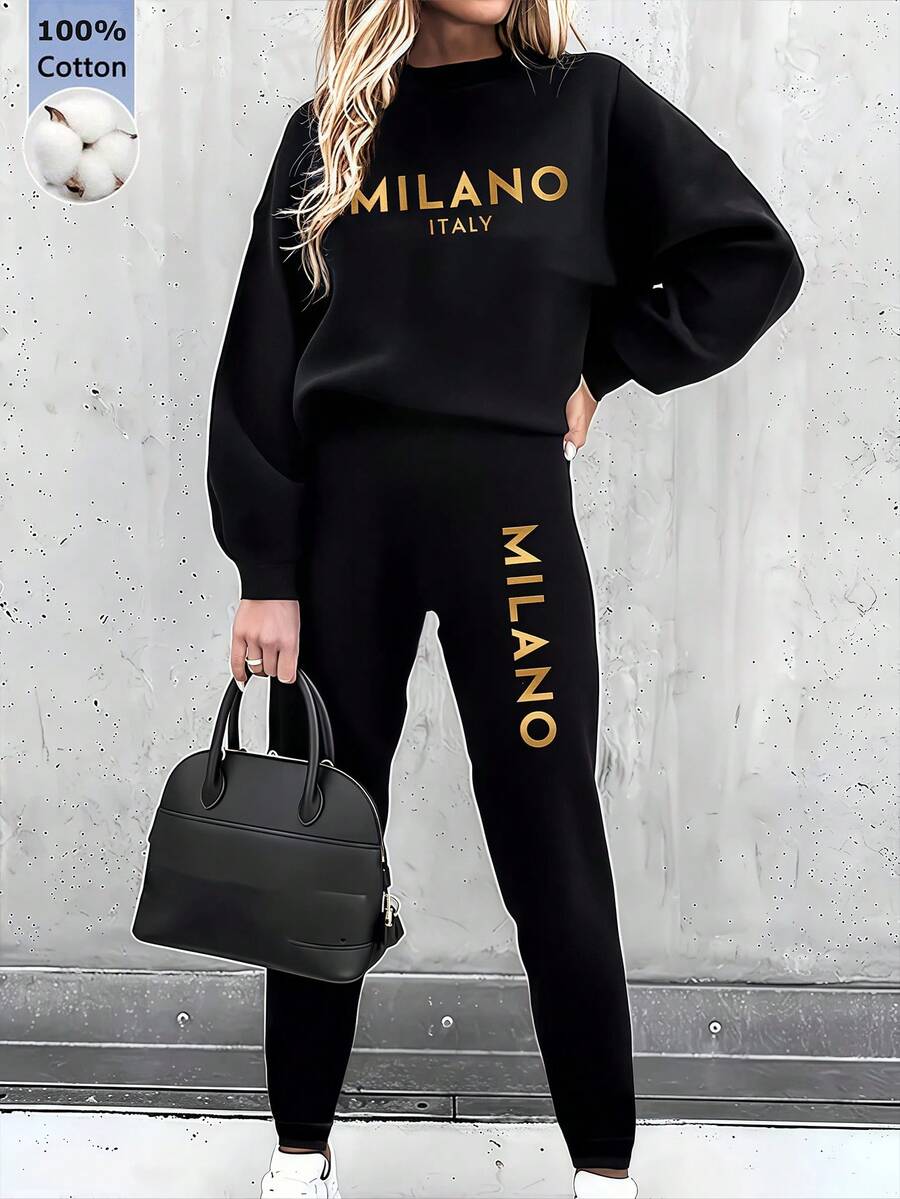 女款兩件式運動服，義大利米蘭城市標語圖案印花，100%棉質運動衫，有口袋套裝，秋冬裝寬鬆圓領運動衫和束腳休閒長褲，舒適 柔軟透氣長袖上衣，街頭服飾 學院風女裝，日常外出，居家休閒女裝 黑色套裝 - 黑色 - 查看 1