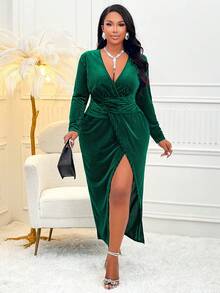 BIUBIU Rochie de damă cu decolteu adânc în V, mărime plus, potrivită pentru purtare zilnică, petreceri și întâlniri - Verde - Vizualizare 3