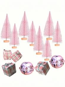 18 Stücke Mini rosa Weihnachtsbäume mit Holzsockel & Sternenglocken - Künstliche Tischdekoration für Feierlichkeiten, Heimwerken und festliche Geschenke, Weihnachtsdekoration, perfekt für Geburtstage, Hochzeiten, Weihnachtsdekorationen, Geschenke