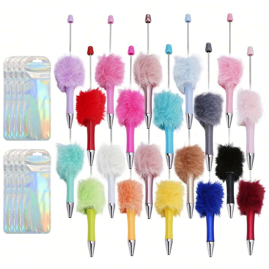 40 Pcs Multicolor Plush Beadable Pen Set - Includes 20 Ballpoint Pens & 20 Pen Bags, Retractable Diamond Bead Pens, Plastic Bling Shaft With Black Ink For DIY Party Office Use - 混合色 - 查看 1