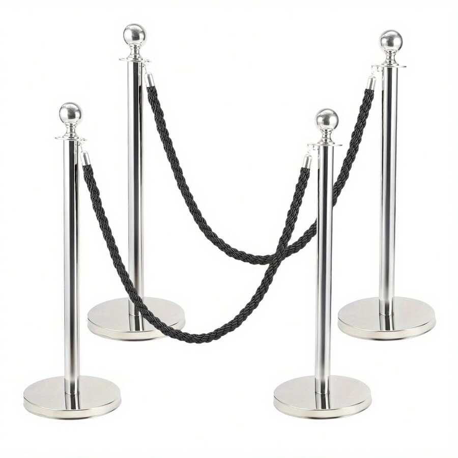 Queue Barrier Posts Stands 1Set Crowd Control Stanchions With 1.5M Ropes Heavy Duty Stainless Steel Queue Barrier Posts With Weighted Bases For Events Airports Hotels - Silver Black - View 1