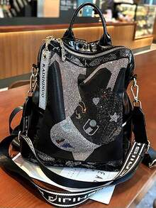 男女通用黑色水晶双肩包，复古图案设计，字母吊坠，奢华大容量双肩包，舒适肩带，可装笔记本电脑，支持手提、双肩背、单肩背、斜挎，适合女士手提包、男士双肩包、情侣双肩包、学生双肩包 - 黑色 - 查看 6