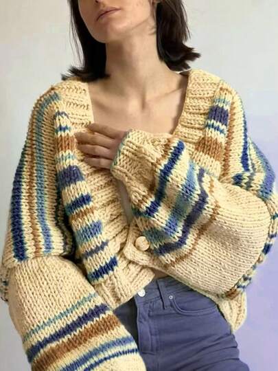1pc Striped Contrast Color Knitted Ribbed Front Button Long Sleeve Cardigan Top, Suitable For Vacation, School, Holiday, Night Out, Back To School Party, Birthday Party, Autumn/Winter