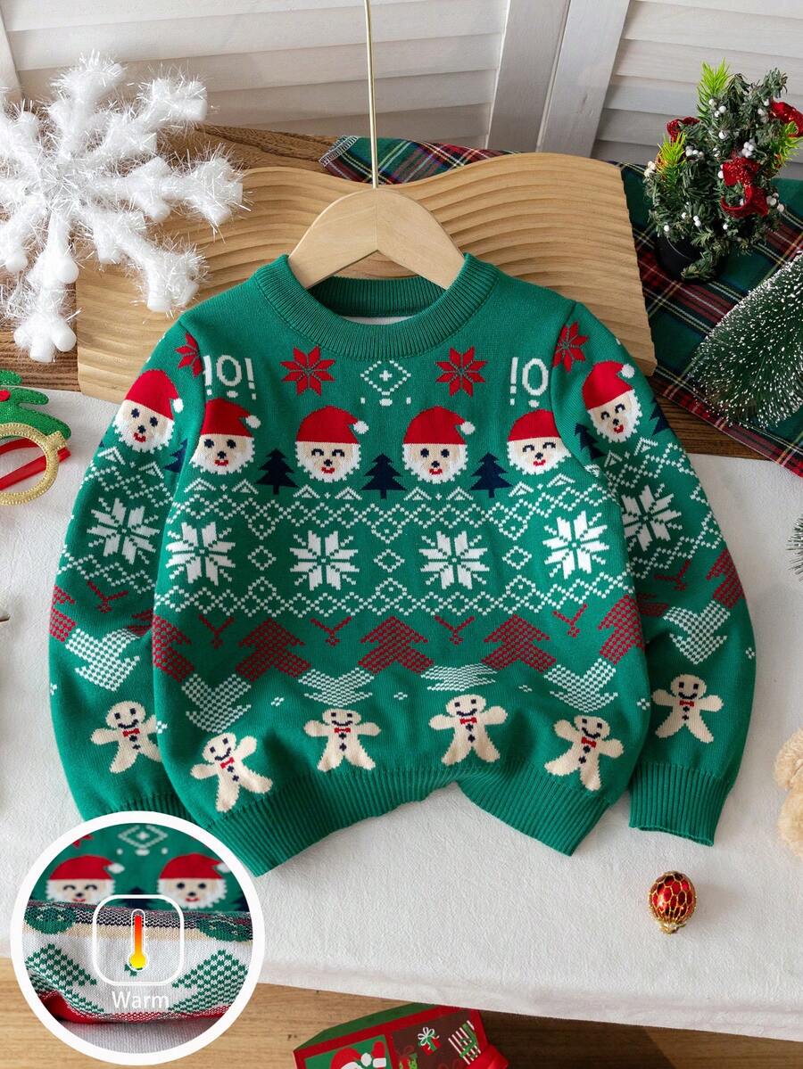 Kids Boys Girls Christmas Santa Claus & Christmas Tree Pattern Long Sleeve Sweater, Christmas Gift, Christmas Snowflake Crew Neck Pullover, Suitable For Christmas Party, Daily Wear, Spring, Autumn, Winter
