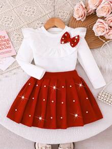 2 sztuki/zestaw Młoda dziewczyna stylowy casual biały dzianinowy kardigan i czerwona plisowana spódnica strój, nadaje się na imprezę, wyjście, wakacje, do noszenia w pomieszczeniach, na wiosnę i jesień