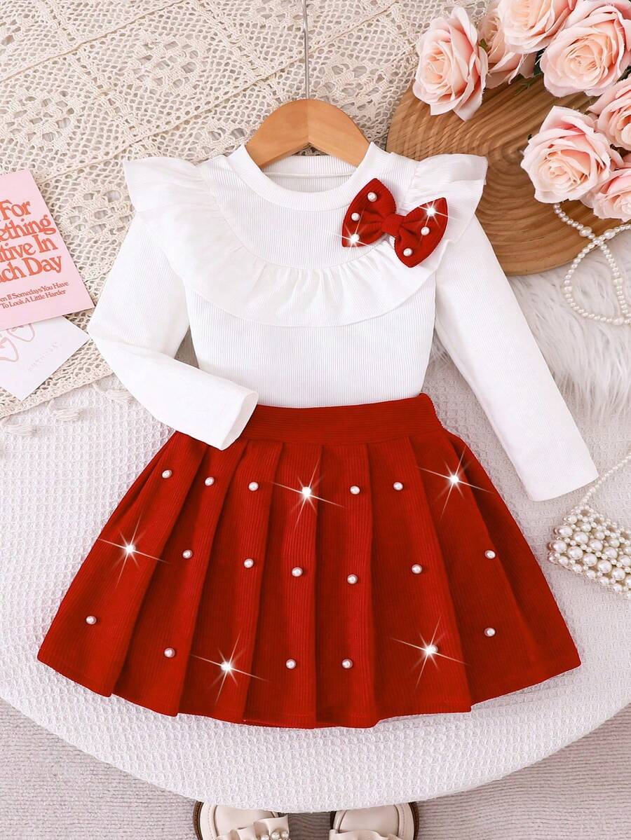 2 sztuki/zestaw Młoda dziewczyna stylowy casual biały dzianinowy kardigan i czerwona plisowana spódnica strój, nadaje się na imprezę, wyjście, wakacje, do noszenia w pomieszczeniach, na wiosnę i jesień