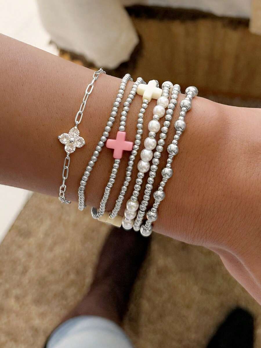 7 件时尚方晶锆石花朵装饰手链套装，金色 CCB 珠和十字架多层可堆叠手链，适合女性日常、约会、派对、节日礼物 - 銀色 - 查看 1