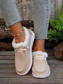 Mocasines tipo chanclas de felpa para mujer, zapatos cálidos y holgados tipo botas de nieve de parte superior baja, para usar con suéter - Beis - Ver 6