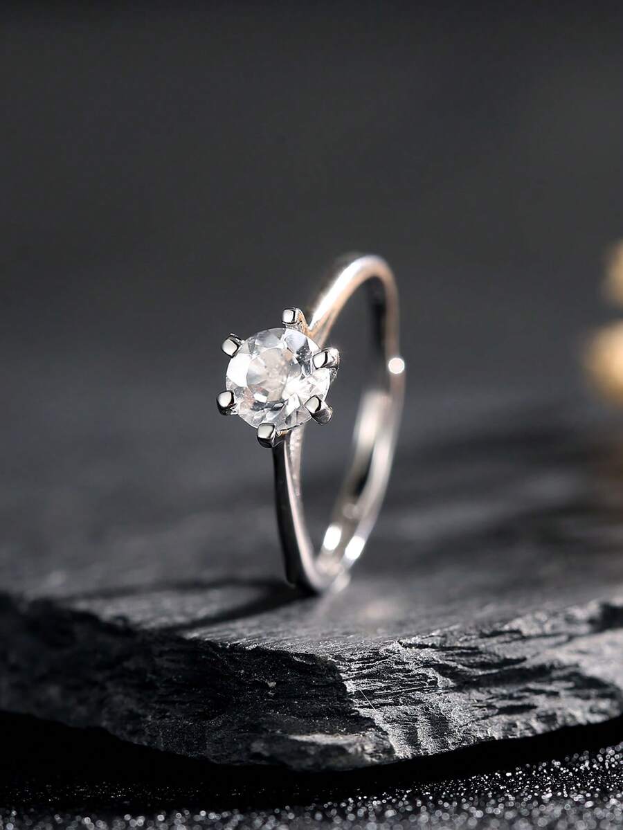 Adjustable 925 Silver Ring 6mm Natural Clear Quartz Open Band Healing Crystal Jewelry Spiritual Gift Energy Stone