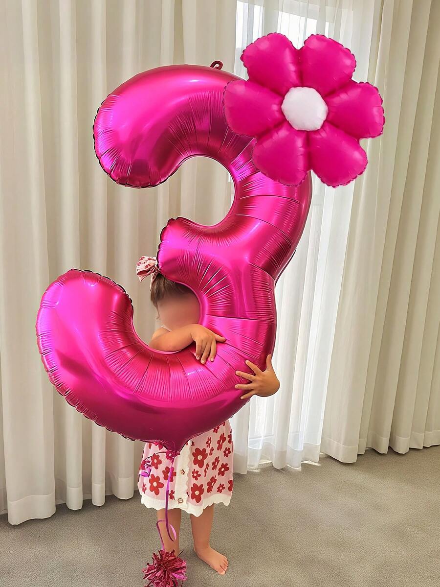 40 英寸巨型粉色气球，带有 0-9 数字和勃艮第向日葵 - 由聚酯薄膜铝箔制成，这些充满氦气的闪亮粉色气球非常适合生日派对、庆典、毕业典礼、周年纪念、淋浴和拍照。 - 玫紅色數字搭配花花氣球 - 查看 1