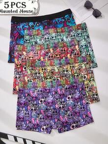 5 Piece Set Of Men's Shorts, Halloween Skull Pattern, Soft And Skin-Friendly Fashionable Men's Underwear, Men's Boxing Shorts