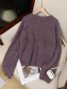 Women's Solid Color Soft Fluffy Slouchy Pullover Knit Sweater, Casual Home Wear For Autumn/Winter