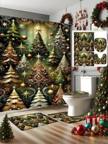 1 pieza/4 piezas Juego de baño de árbol de Navidad verde oscuro, incluye cortina de ducha, alfombra de inodoro, alfombra de baño, etc. Hecho de tela de poliéster impermeable y duradera. Decorado con patrones de árbol de Navidad, estrellas y copos de nieve. Adecuado para agregar un ambiente navideño al baño, especialmente para la temporada navideña.