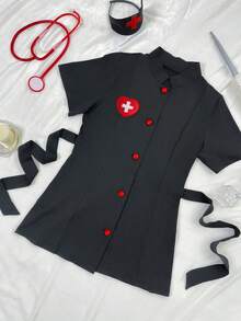 Christmas Valentine's Gift Nurse Costume Role Play High Collar Front Button Sequin Heart Short Sleeve Long Shirt With Belt + Headband, Kawaii Cosplay Set For Women - 黑色 - 查看 6