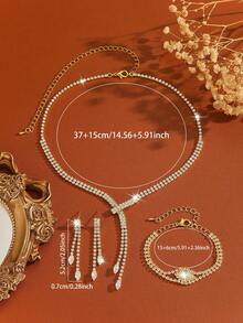 Modisches Schmuckset: Vollständig mit Strass-Zirkonia besetzte Halskette + Ohrringe + Armband, Hochzeitskleid Schmuck