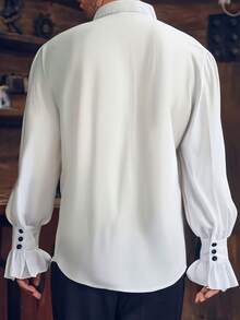Men's Vintage Long Sleeve Ruffle Trim Front Button Stand Collar Pleated Shirt - White - View 2