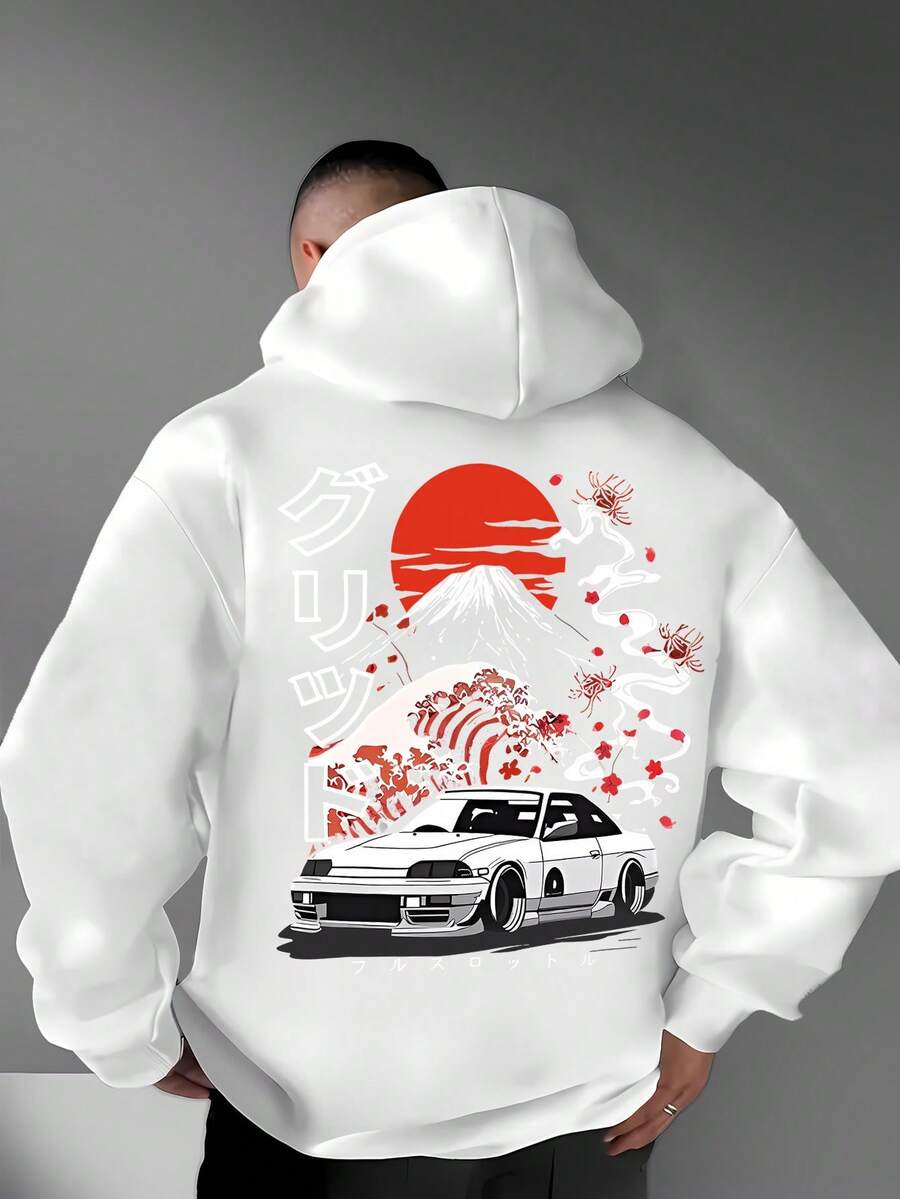 1 Piece Men's Casual Fashion Japanese Style Car Mountain Printed Hoodie, Long Sleeve Pullover, Regular Men's Hoodie-2026 - 白色 - 查看 1