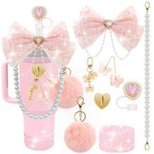 QY Bling Cup Accessories For 40/30/20 Oz Tumbler With Handle Including Glitter Bow Straw Topper, Heart Straw Cover, Pearl Water Bottle Handle Strap, Boot, Pom-Pom, Keychain Charms 2216 - Cherry Blossom - 查看 1