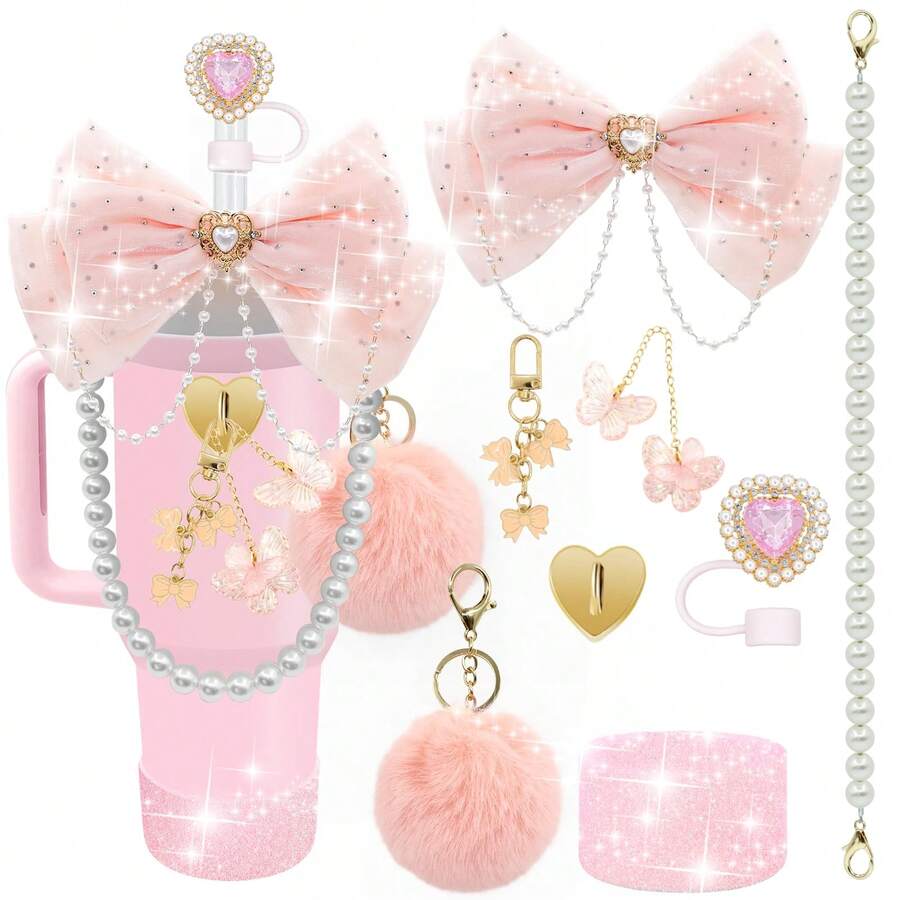 QY Bling Cup Accessories For 40/30/20 Oz Tumbler With Handle Including Glitter Bow Straw Topper, Heart Straw Cover, Pearl Water Bottle Handle Strap, Boot, Pom-Pom, Keychain Charms 2216 - Cherry Blossom - 查看 1