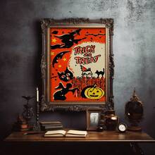 1 pièce Affiche sur canevas de sorcière volante, citrouille fantôme, style décoratif de festival des chats fantômes. Murales d'intérieur, impressions d'affiches, cadeaux muraux, chambre, bureau, salon, café, décoration murale, maison, décoration de dortoir, cadre photo au choix, décoration d'Halloween, décoration d'automne, décoration de chambre.