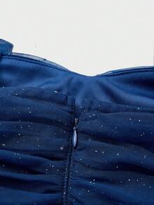 浪漫假日公主腰喇叭圣诞闪亮派对礼服，女士舞会礼服 - 藏蓝色 - 查看 8