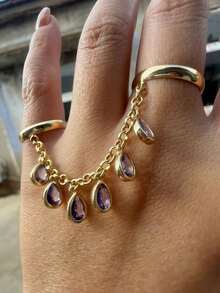 1pc Fashion Copper Zirconia Stone Linked Finger Ring With Dangling Rhinestone Chain, Women's Jewelry For Wedding, Party, Wedding Season Gift