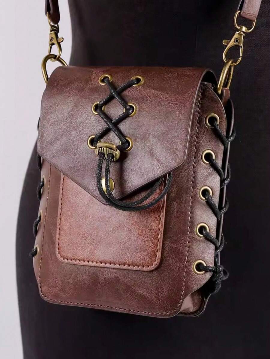 Medieval Industrial Steampunk Retro Ropes Bandage Decoratived Vintage Gothic Shoulder Purse Punk Y2K Crossbody Bag,PU Leather Compact Everyday Bag For Women